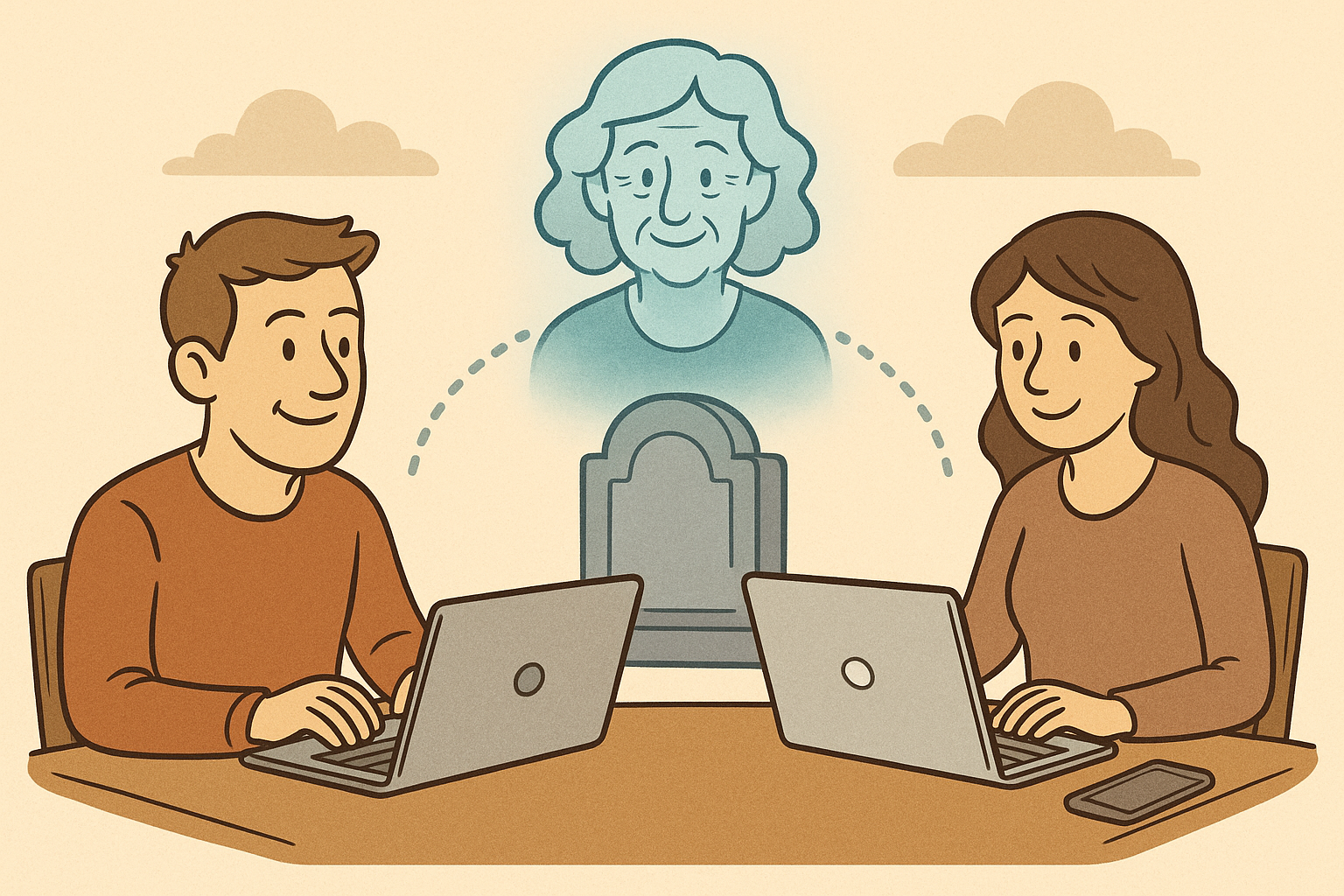 Cartoon illustration of a family sharing photos together