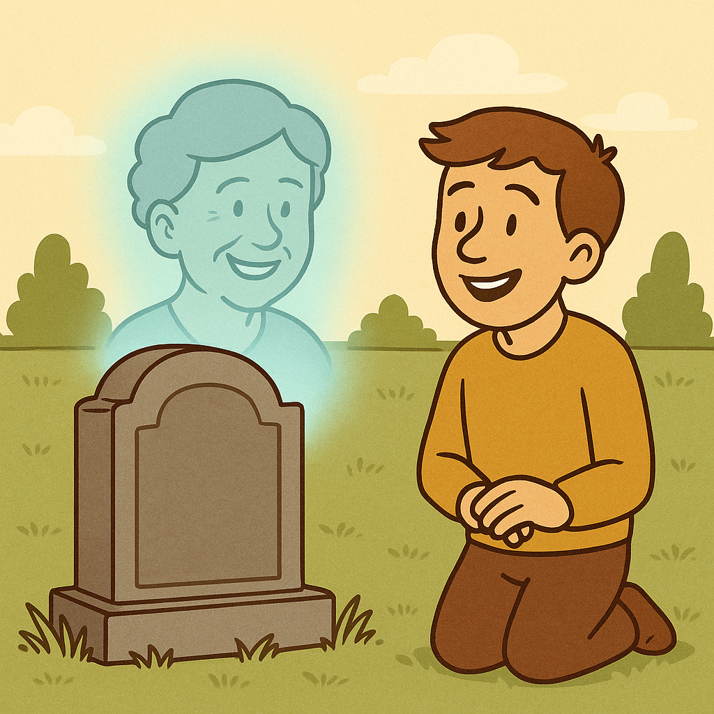 Cartoon illustration of QR headstone